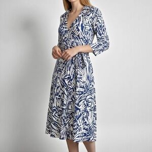 Vintage 70s Wrap Dress Midi M Navy Blue White Abstract Fit & Flare Made In USA